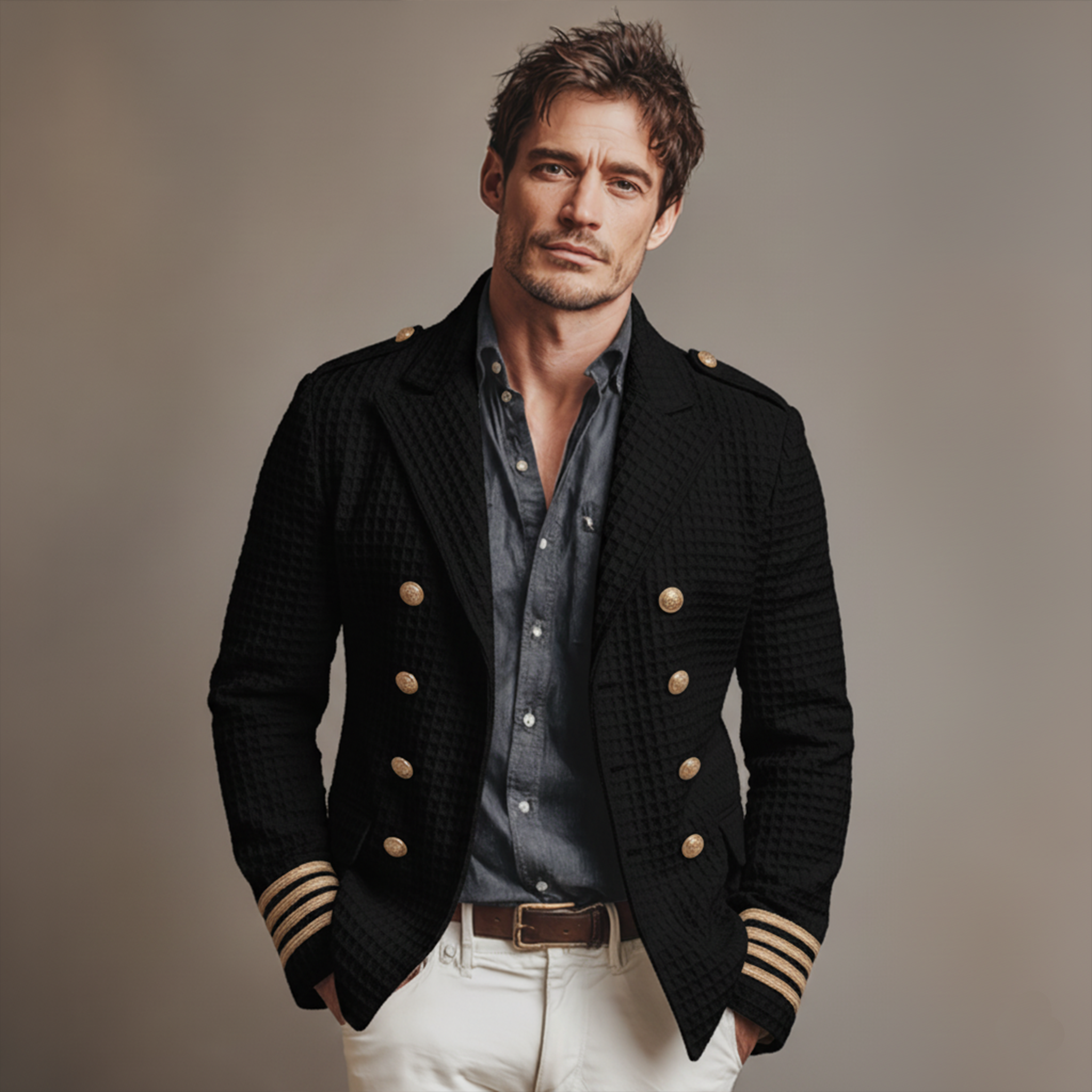 Men's Classic Casual Waffle Epaulette Lapel Double Breasted Jacket MTA2739J5K