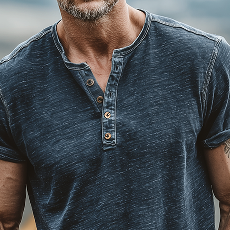 Men's Summer Casual Cotton Blend Washed Distressed Collar Stitching Denim Henry Collar Short-sleeved T-shirt MTA0206G8K