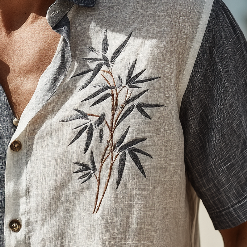 Men's Summer Fashion Leaf Embroidery Slub Linen Short Sleeve Shirt MTA0244G5P