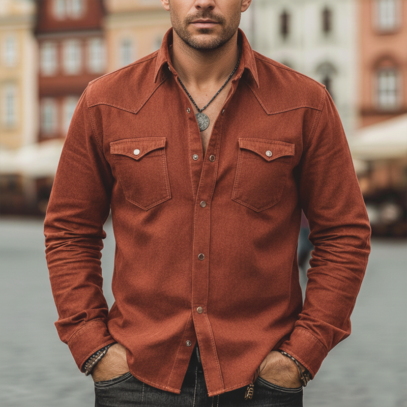 Men's Urban Brick Red Twill 100 Cotton Long-Sleeve Shirt MTZ2119A9U