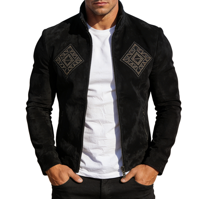 Men's Retro Casual Faux Suede Embroidered Zipper Stand Collar Jacket MTZ1235A3TO