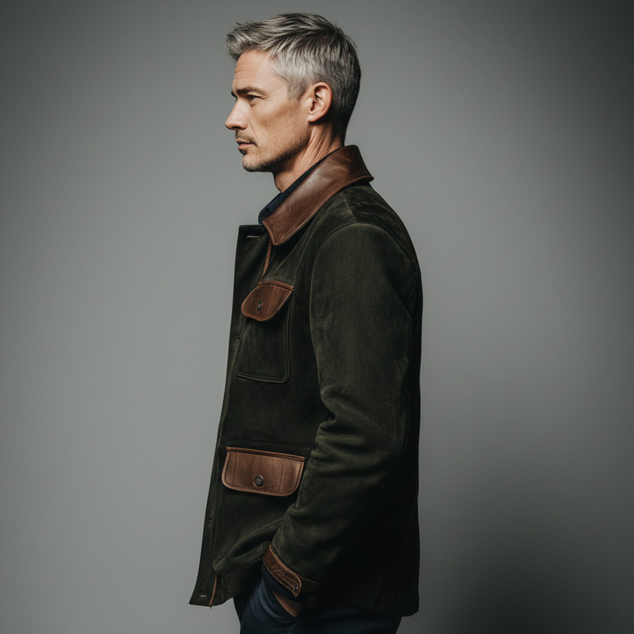 Men's Classic Casual Pocket And Collar Stitching PU Leather Multi-pocket Faux Suede Jacket MTA1354J8K