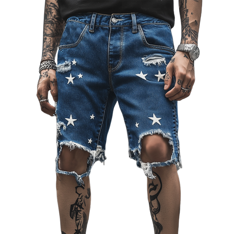 Men's Summer Fashion Star Printed Ripped Denim Shorts MTA0457F6U