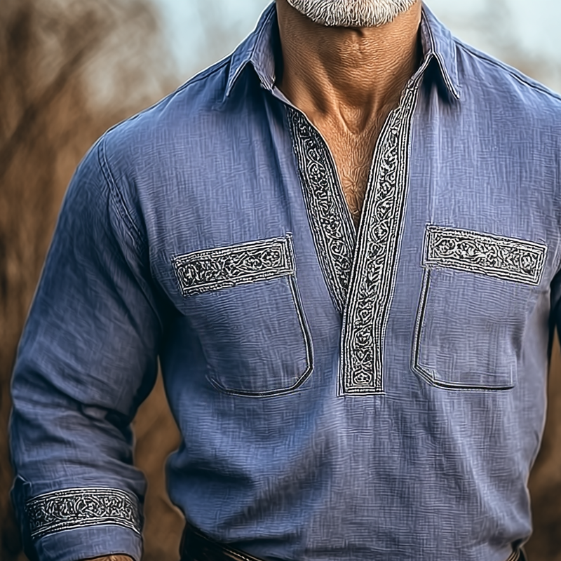 Men's Ethnic Print Lapel Chest Pocket Long Sleeve Shirt MTA0785H8Z
