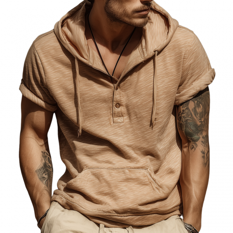 Men's Casual Breathable Skin-friendly Cotton Loose Pullover Kangaroo Pocket Short-sleeved Hoodie MTA1039G0M
