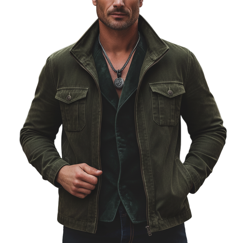Men's Urban Army Green Faux Suede Stand Collar Zip-Up Jacket MTA2383L9U