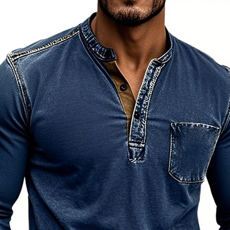 Men's Distressed Washed Soft Denim Henley Collar Long-sleeved T-shirt MTA0199G7Y