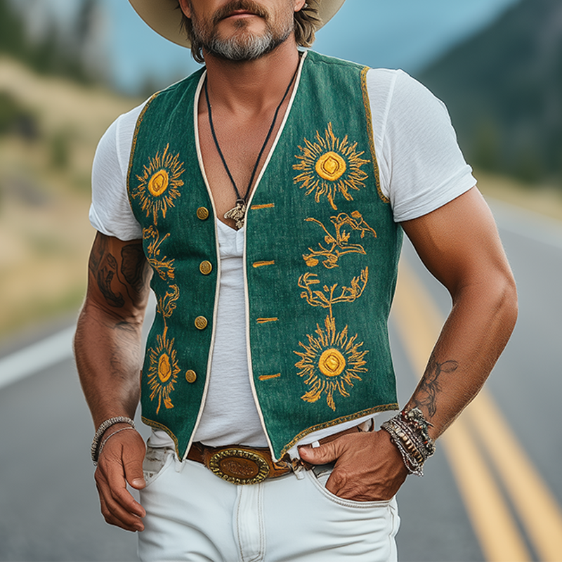 Men's Casual Retro American Western Style Cotton And Linen Embroidered Single Breasted Vest MTA1669F4K
