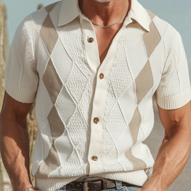 Men's Spring And Summer Fashion Retro Slim Fit Knitted Collar Plaid Short-sleeved Shirt MTA2095F5K