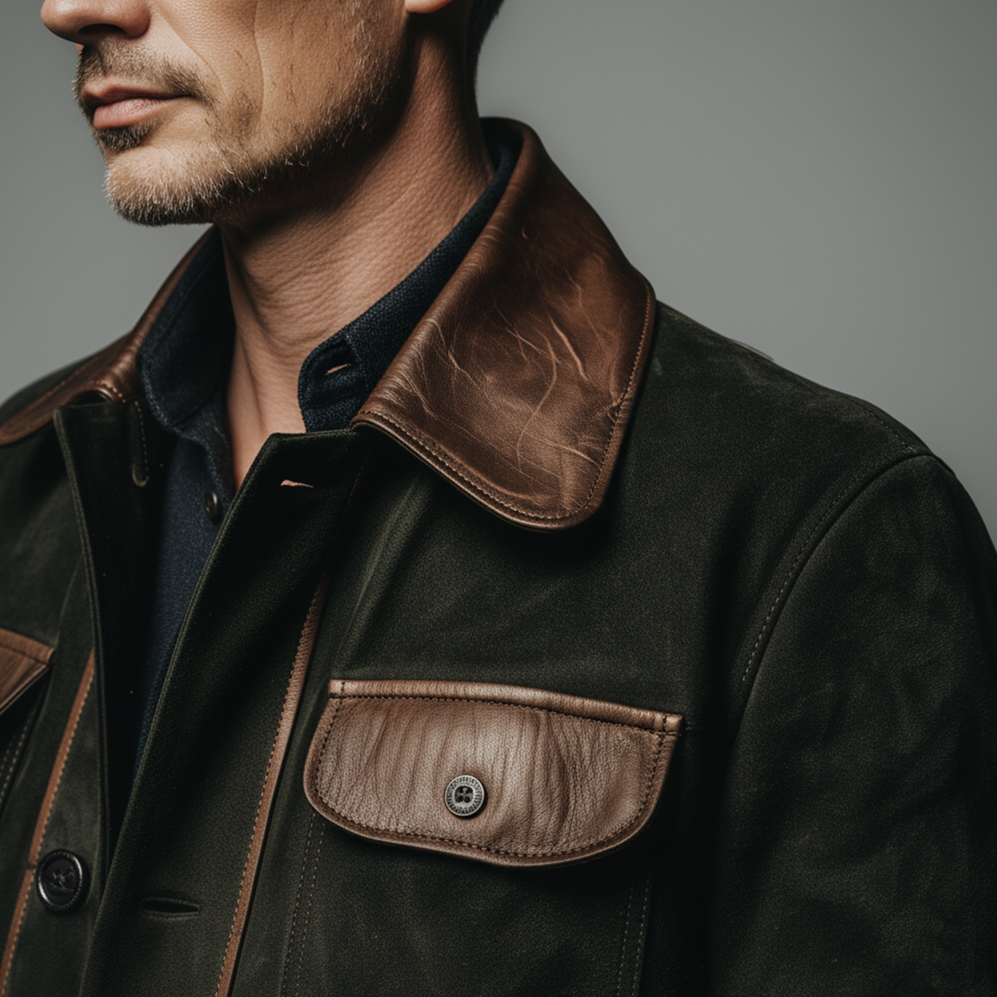 Men's Classic Casual Pocket And Collar Stitching PU Leather Multi-pocket Faux Suede Jacket MTA1354J8K