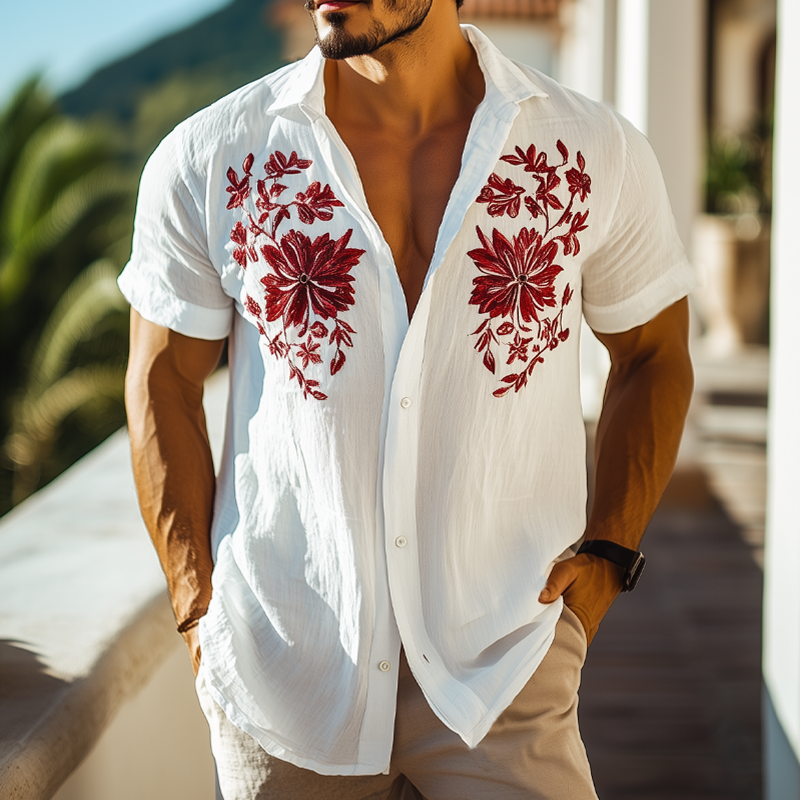Men's Floral Embroidered Cotton Casual Short Sleeve Shirt MTA2523F6U
