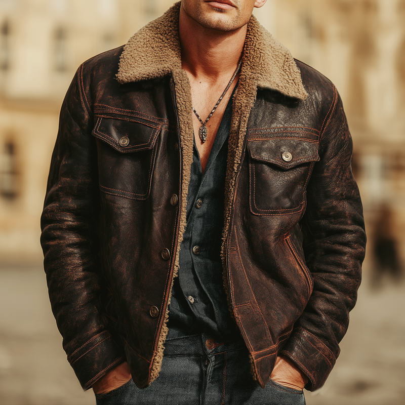 Men's Urban Warm Red-brown PU Leather Lambskin Lining Jacket MTA2006K4U