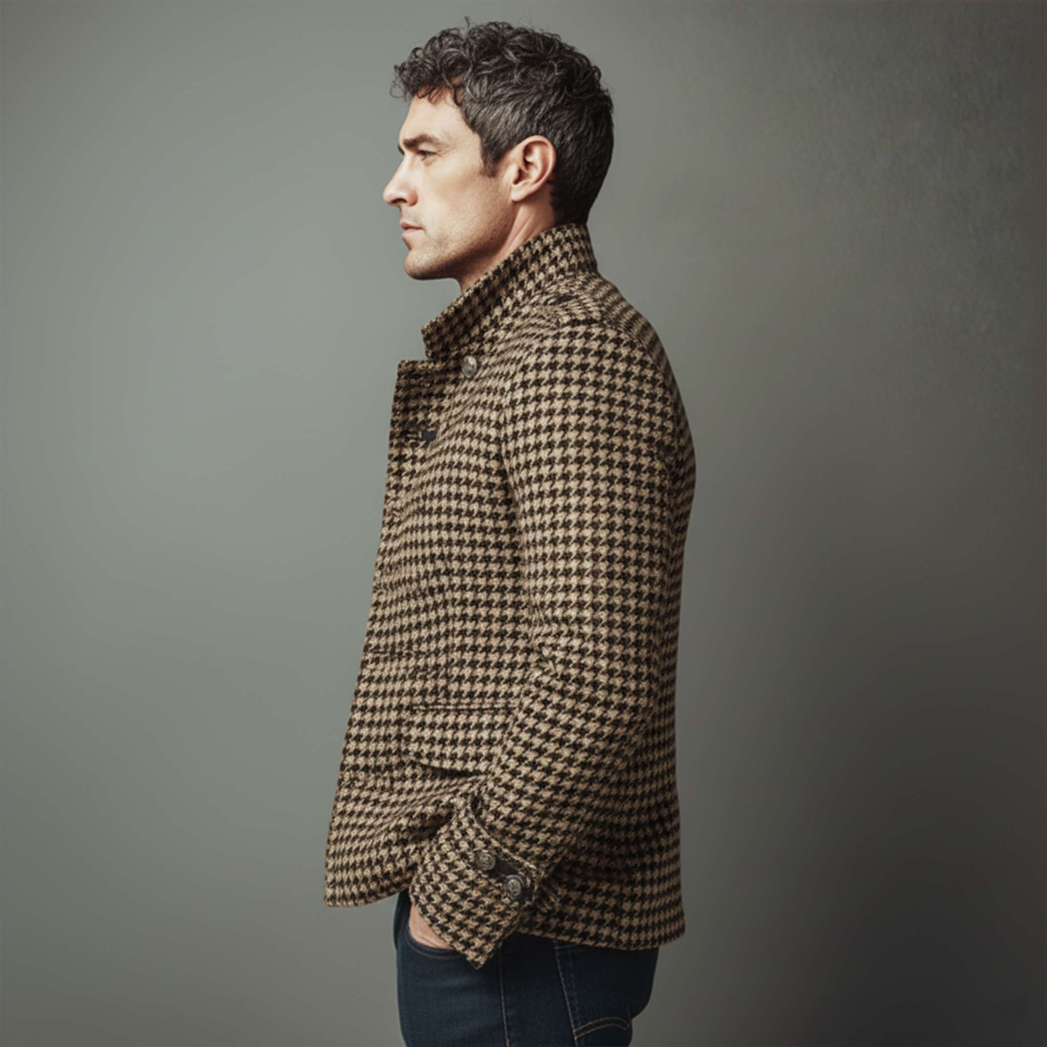 Men's Classic Retro Stand Collar Houndstooth Wool Single-breasted Slim-fit Jacket MTA1726I1K