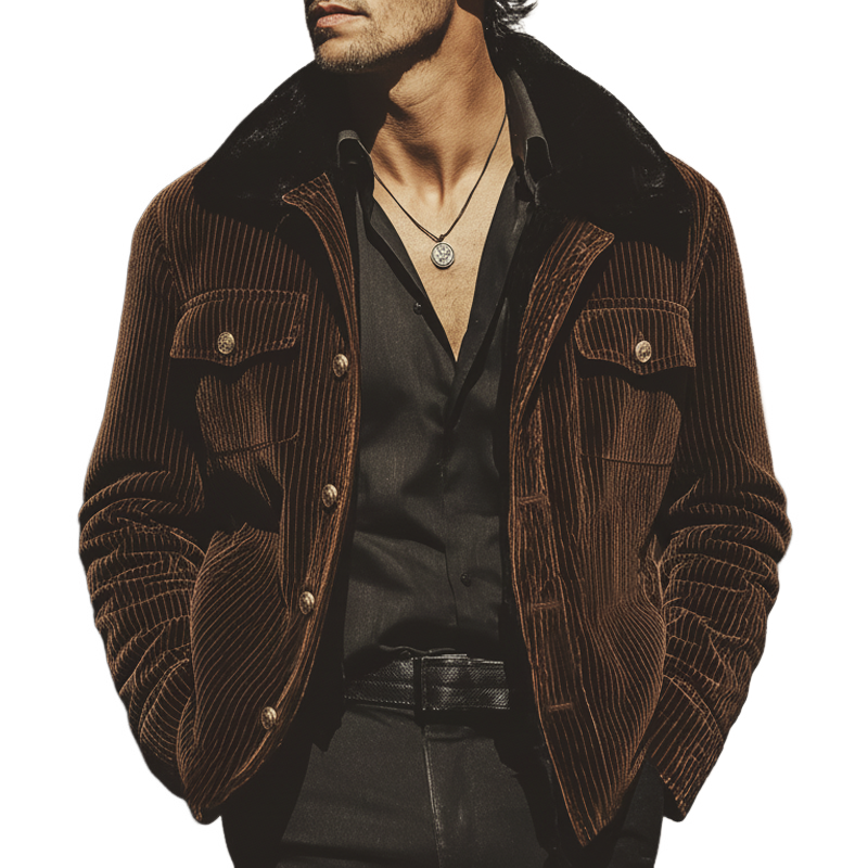 Men's Vintage Chocolate Brown Velvet Fur Collar Rider Jacket MTA1023L4U