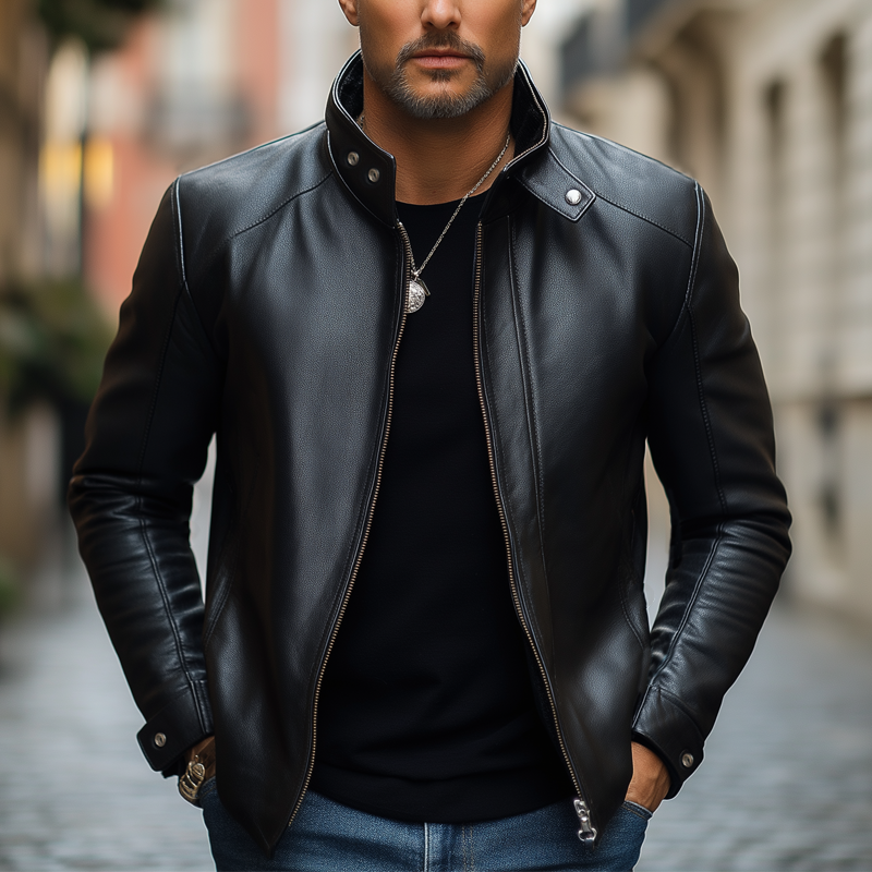 Men's Classic Black Zip-up Slim-fit PU Leather Jacket MTA0698K6U