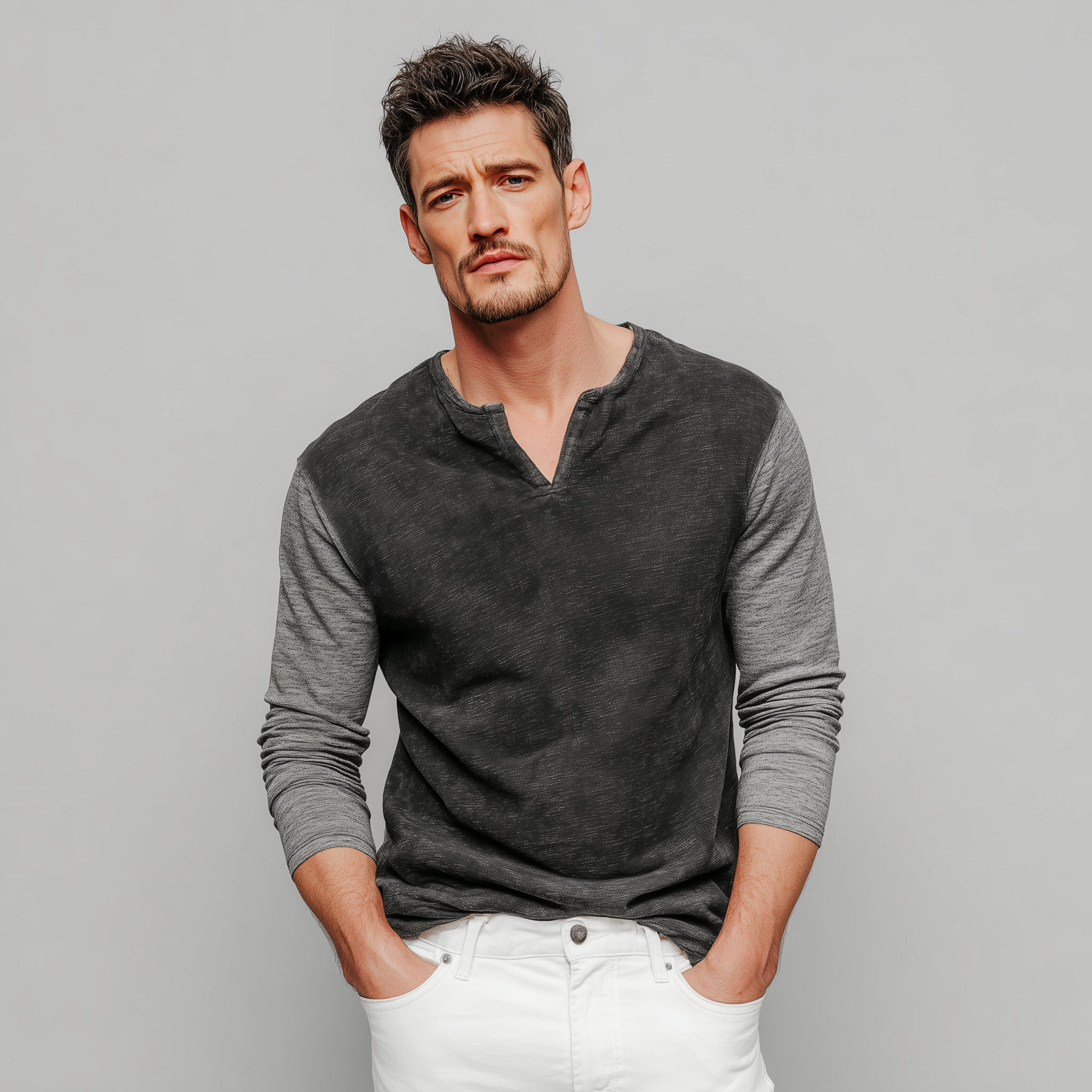 Men's Classic Casual V-neck Bamboo Cotton Patchwork Slim Fit Long Sleeve T-shirt MTA2814G8K
