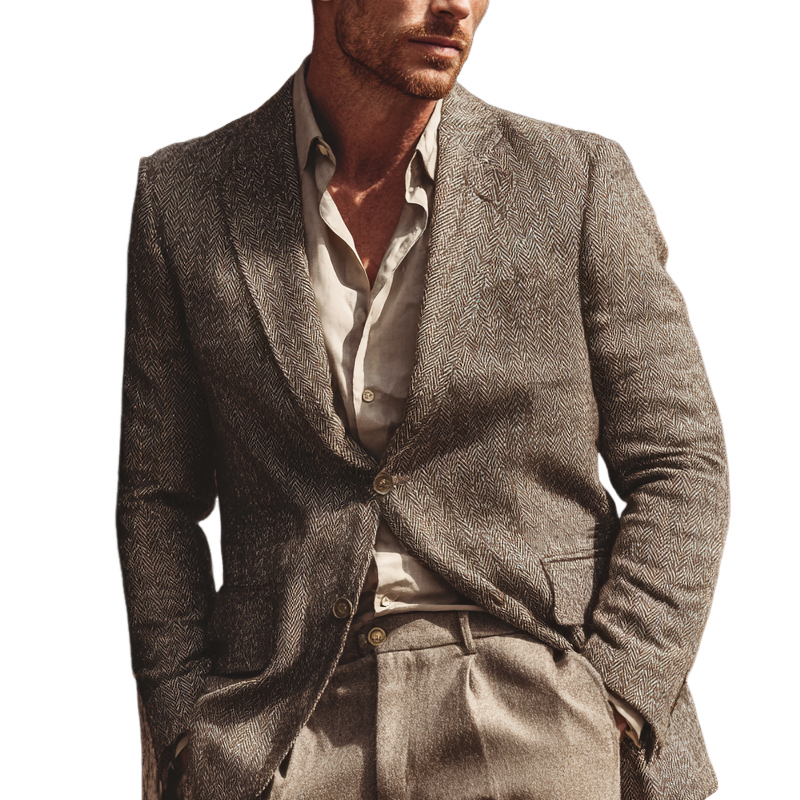 Men's Vintage Herringbone Textured Single-Breasted Blazer MTA0738H0X