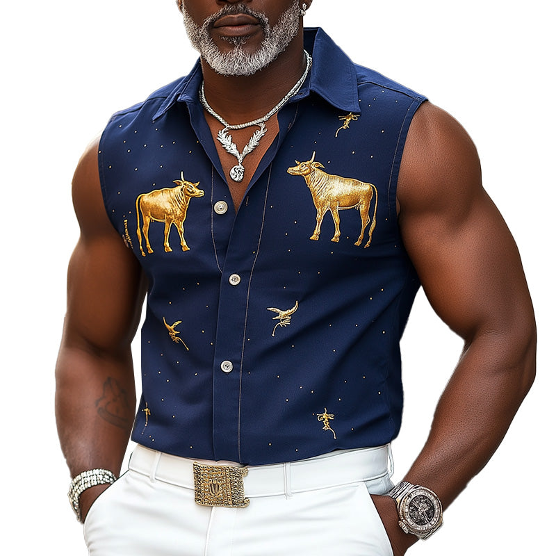 Men's Summer Western Cowboy Style Embroidered Cotton And Linen Sleeveless Shirt MTA2916E9P
