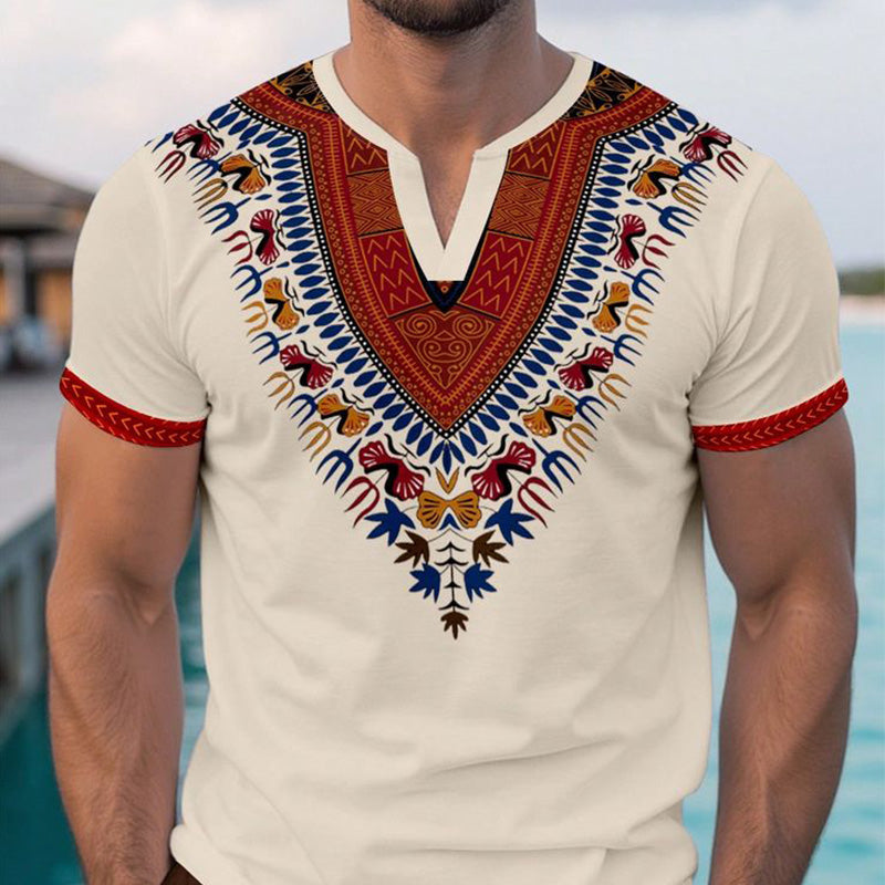 Men's Summer Ethnic Style Printed V-Neck Cotton And Linen Short-Sleeved T-Shirt MTA2213E7P