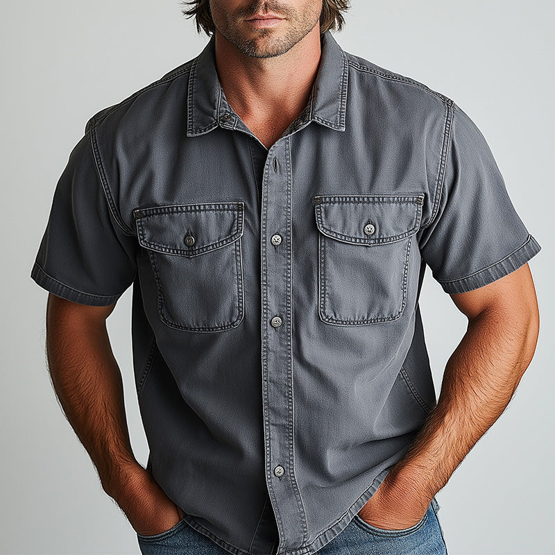 Men's Summer Western Cowboy Style Simple Thin Denim Short-Sleeved Shirt MTA1406E8P