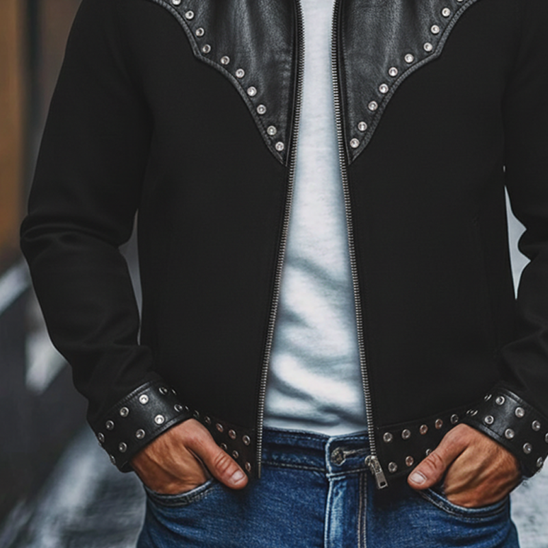 Men's Western Cowboy Style PU Stitching Faux Woolen Lapel Zipper Jacket MTA1498J6X