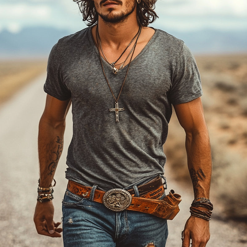Men's Cotton Blend Short Sleeve V-Neck T-Shirt MTA1315E3X
