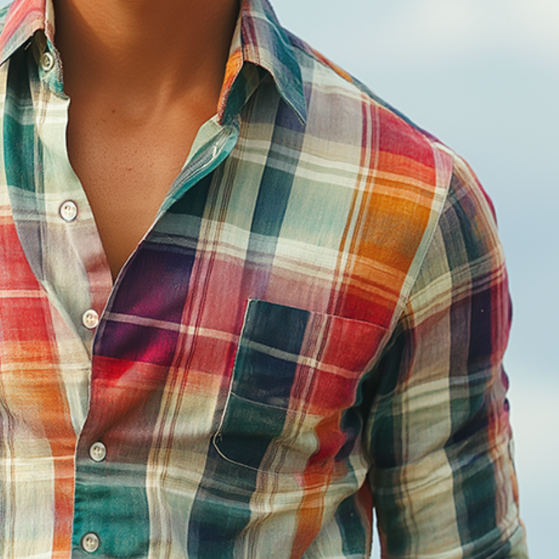 Men's Retro Casual Color Plaid Print Lapel Long Sleeve Shirt MTA1824H4TO
