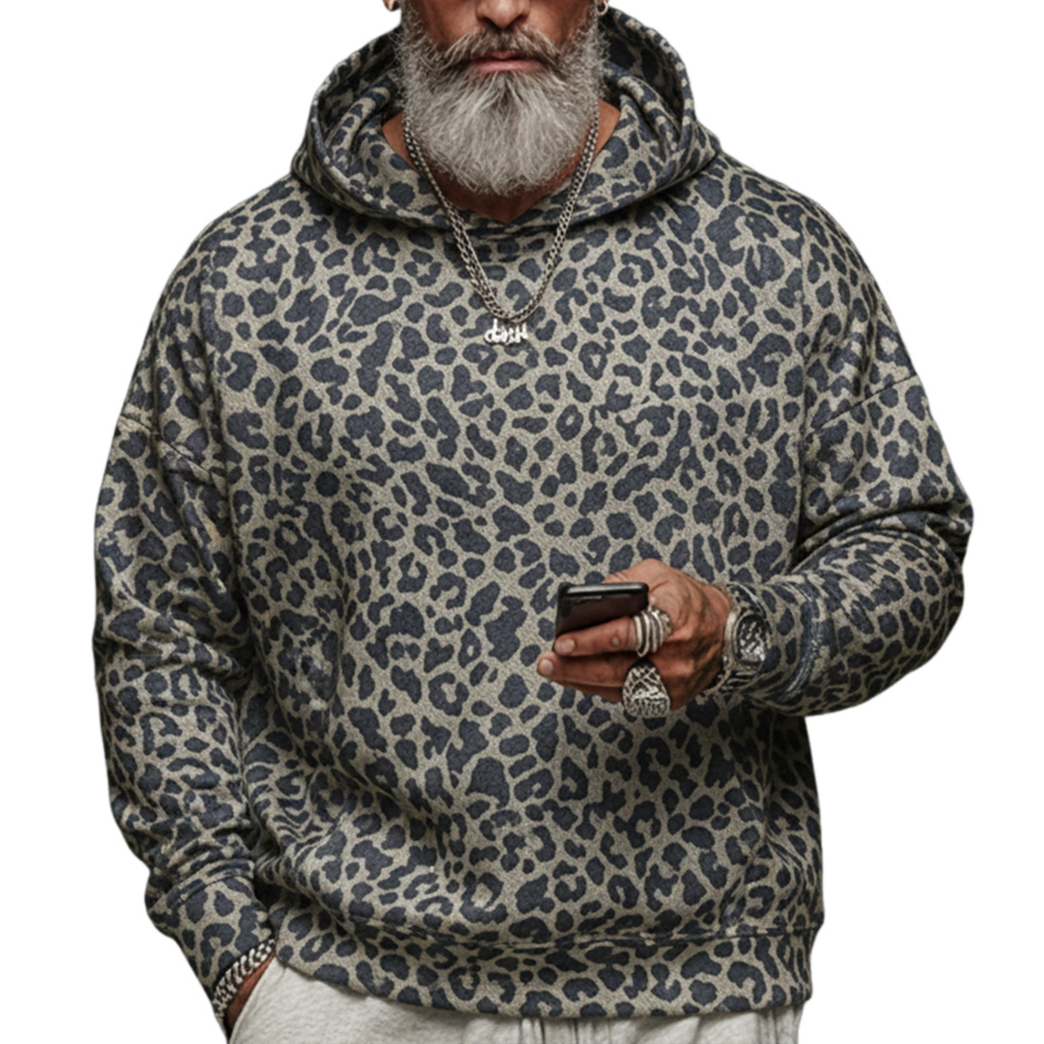 Men's Classic Casual Denim Jacquard Leopard Print Hoodie MTA1223L6K