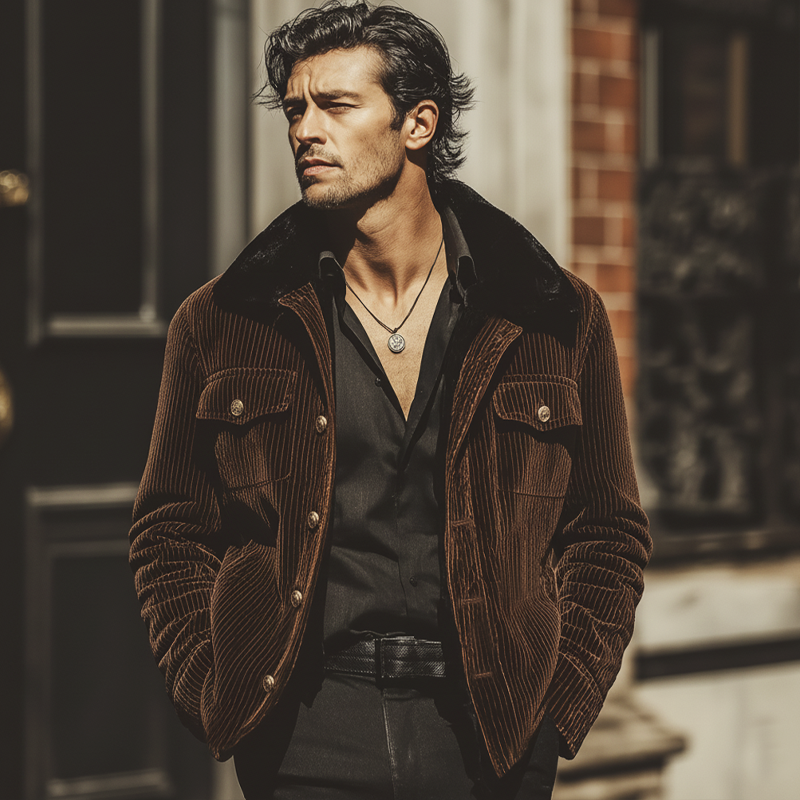 Men's Vintage Chocolate Brown Velvet Fur Collar Rider Jacket MTA1023L4U