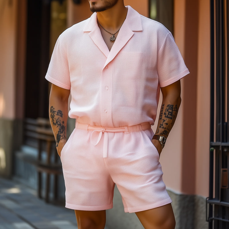 Men's Casual Breathable Cotton Blended Waffle Lapel Slim Fit Short Sleeve Shorts Jumpsuit MTA1390F1M