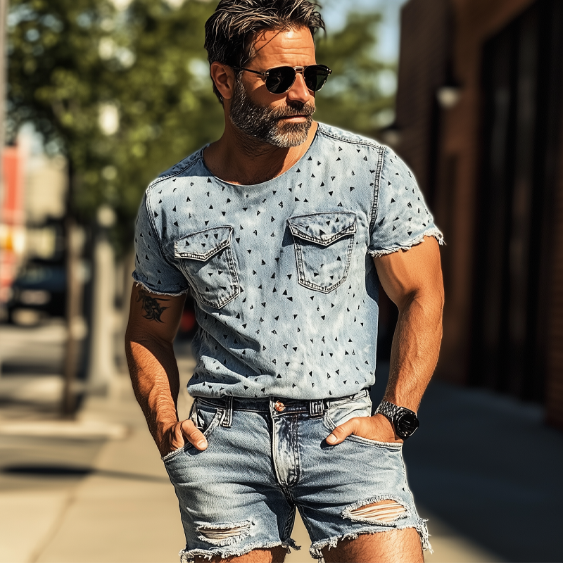 Herre sommer retro trekanttrykk denim-T-skjorte med rund hals MTA2489F9U
