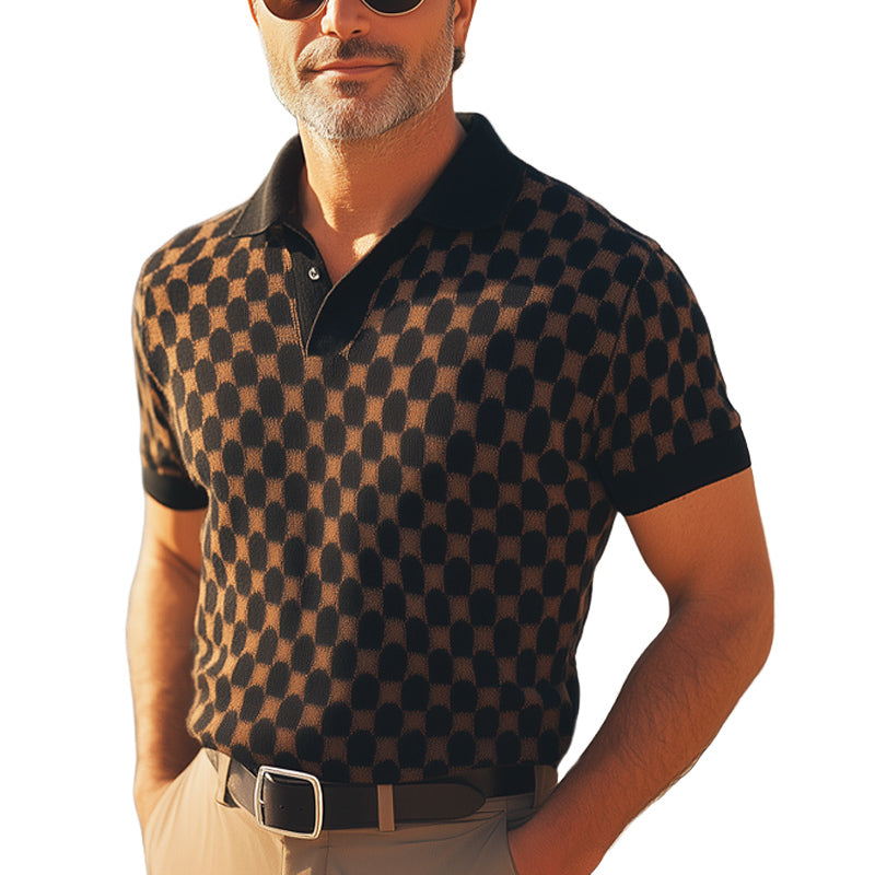 Men's Summer Classic Grid Knit Polo Neck Short Sleeve T-Shirt MTA2458E6U