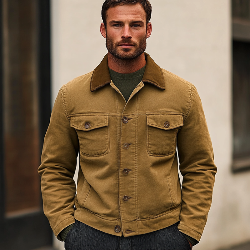 Men's Cotton Contrast Lapel Single-breasted Washed Work Jacket MTA1392J1X