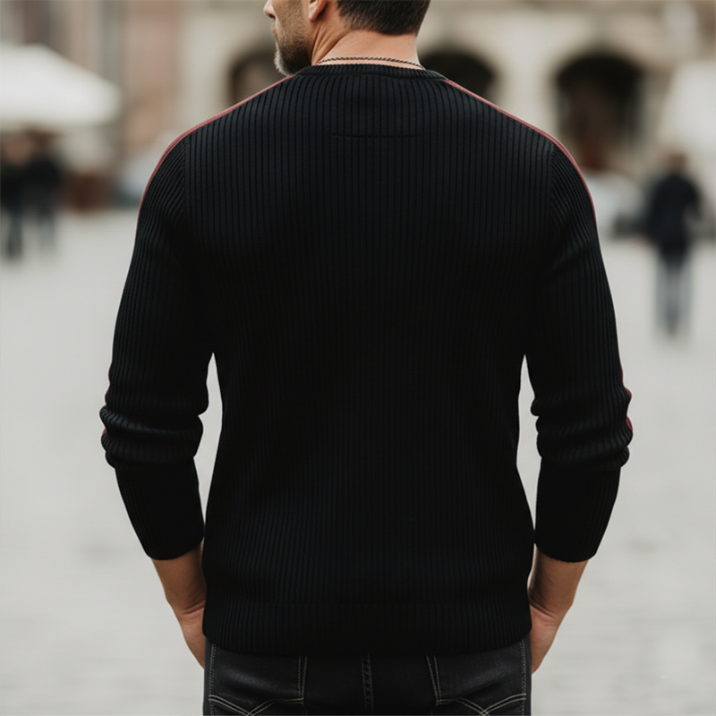 Men's Urban Three-Button Henley Collar Black And Red Knit Sweater MTZ1406A4U