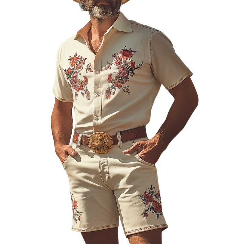 Men's Summer Western Cowboy Style Retro Embroidery Short Sleeve Shirt Shorts Set MTA2963D2U