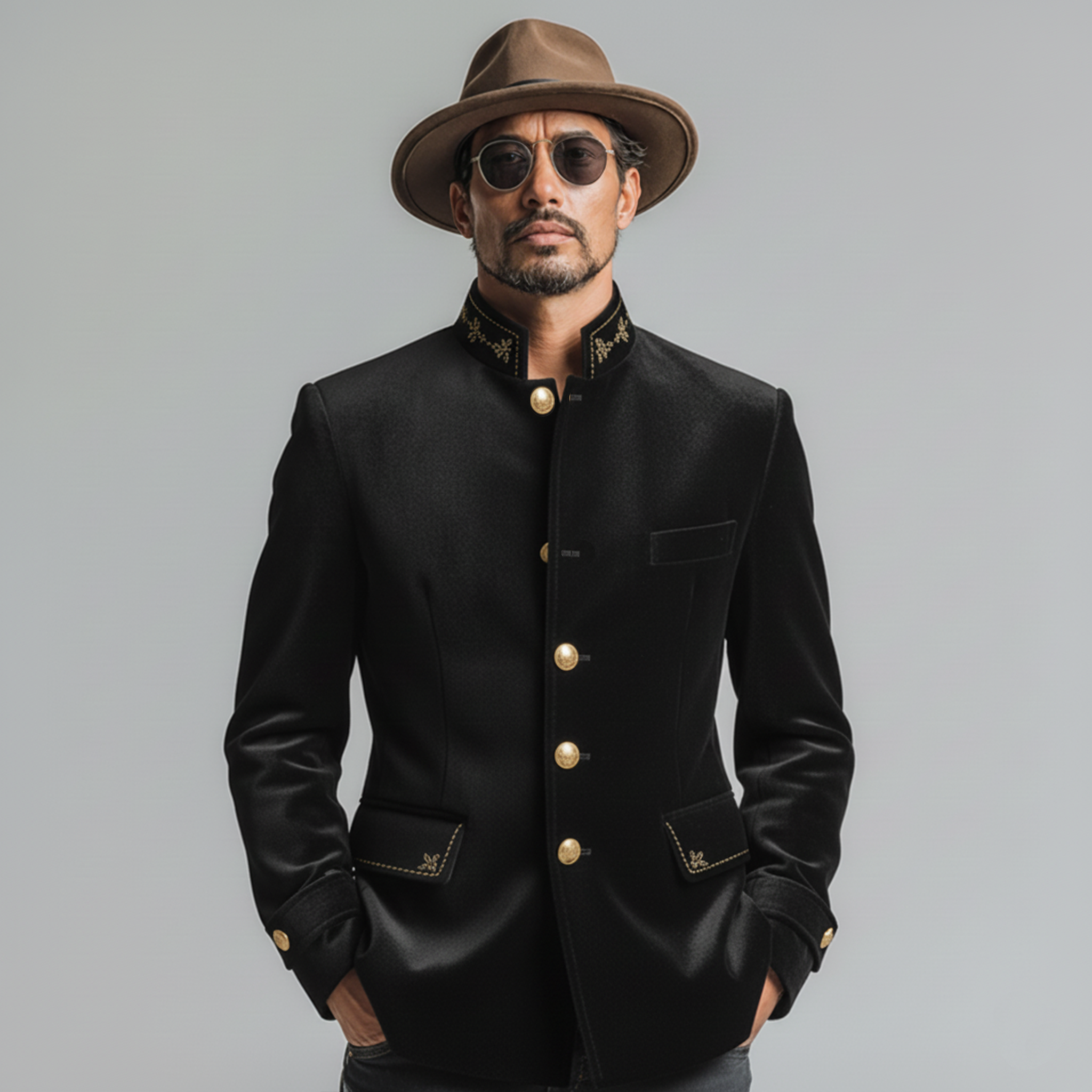 Men's Classic Retro Stand-collar Embroidered Faux Velvet Single-breasted Jacket MTA0559L2K