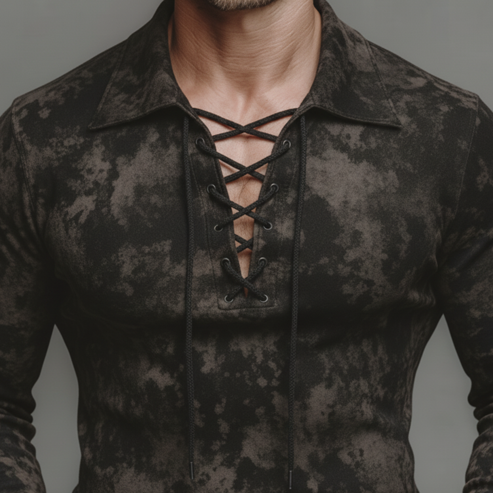 Men's Classic Casual V-Neck Tie-Waist Printed Faux Suede Slim Fit Long-Sleeve T-Shirt MTA2576K5K