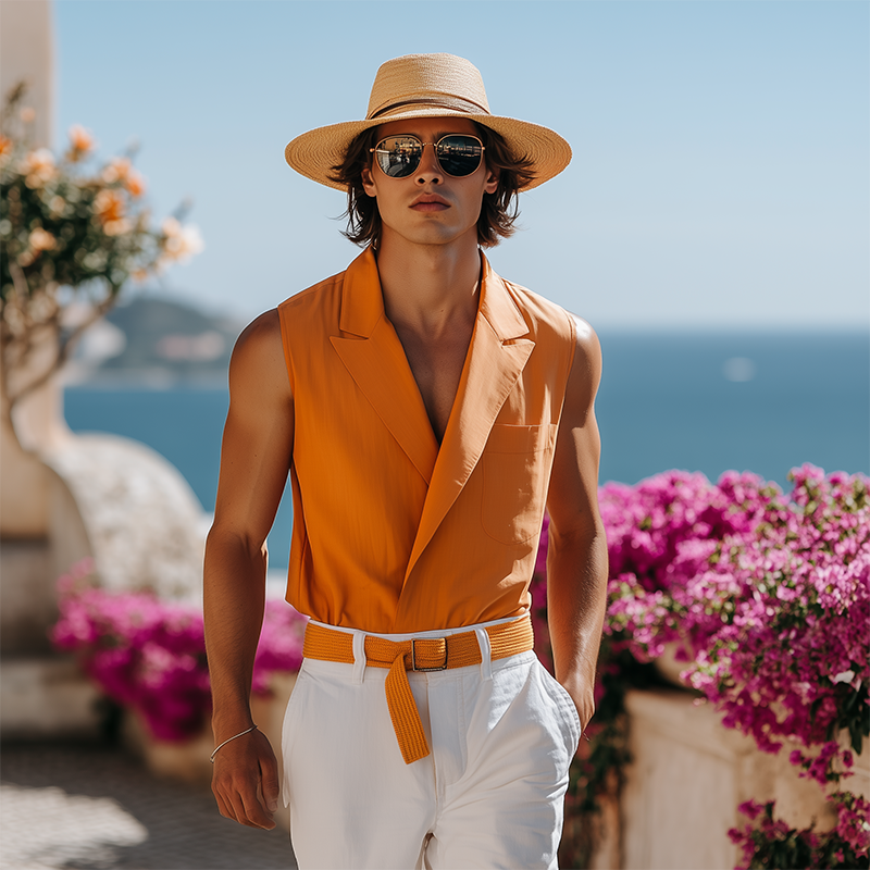 Men's Spring And Summer Fashion Casual Cotton Blended Blazer Collar Concealed Placket Double Breasted Adjustable Sleeveless Shirt MTA2168F3K