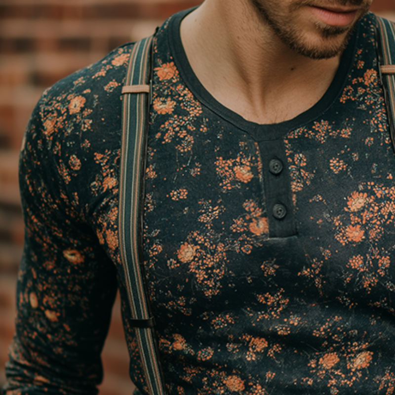 Men's Retro Casual Floral Print Henley Long Sleeve T-Shirt MTA3163G5TO