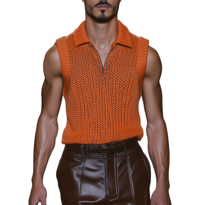 Men's Casual Solid Color Lapel Zipper Slim Fit Breathable Knit Tank Top MTA0478F7M