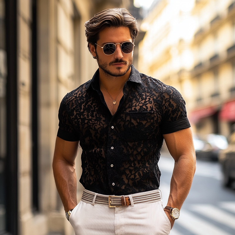 Men's Fashion Lace Lapel Short Sleeve Casual Shirt MTA1216E3Z