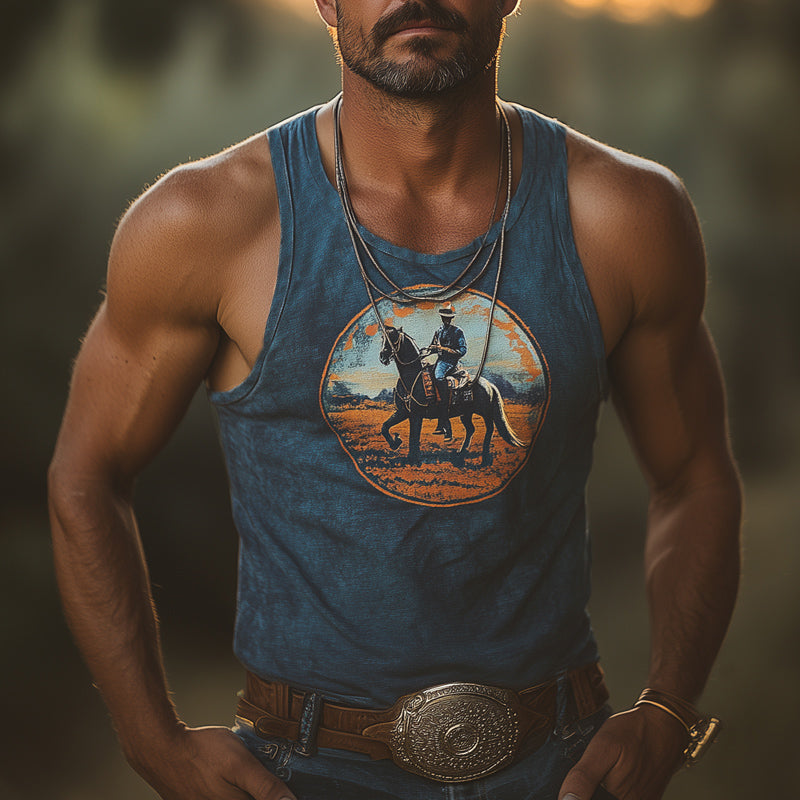 Men's Western Cowboy Style Printed Crew Neck Tank Top MTA2828D4U