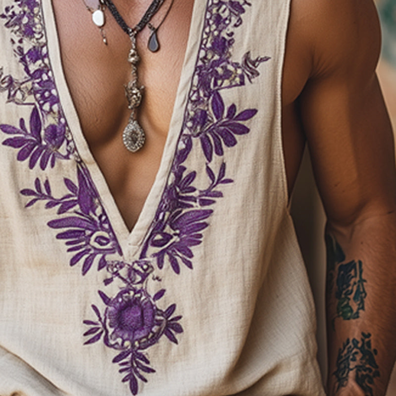 Men's Summer Deep V Neck Embroidered Cotton And Linen Tank Top MTA1552E9U