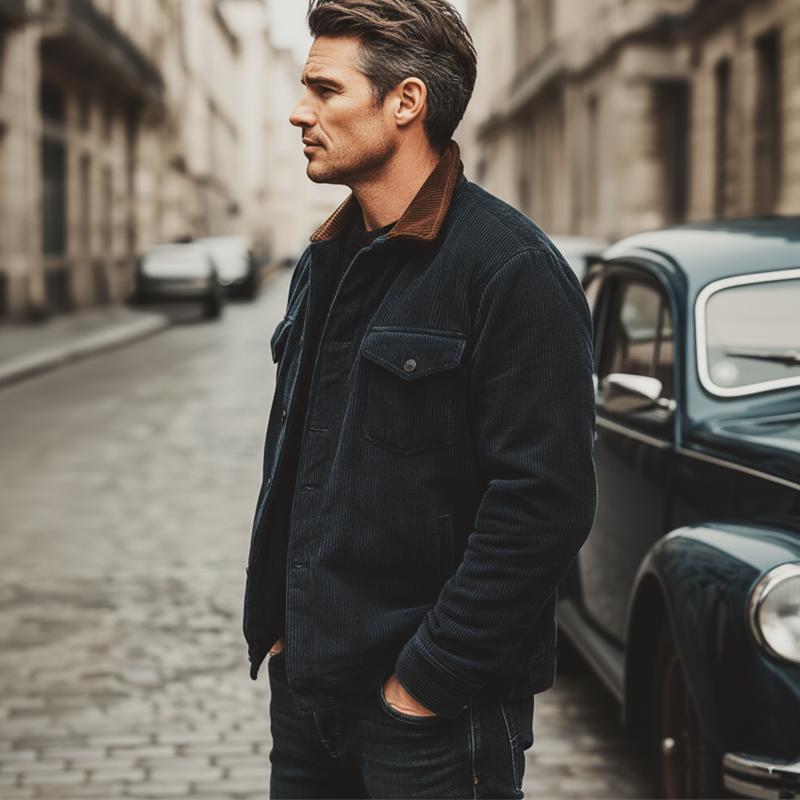 Men's Retro Navy Blue Corduroy Color Block Collar Button Jacket MTA0387K4U