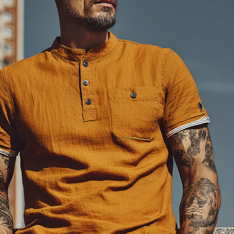 Men's Cotton And Linen Stand Collar Contrast Color Short Sleeve Shirt MTA2760F7X