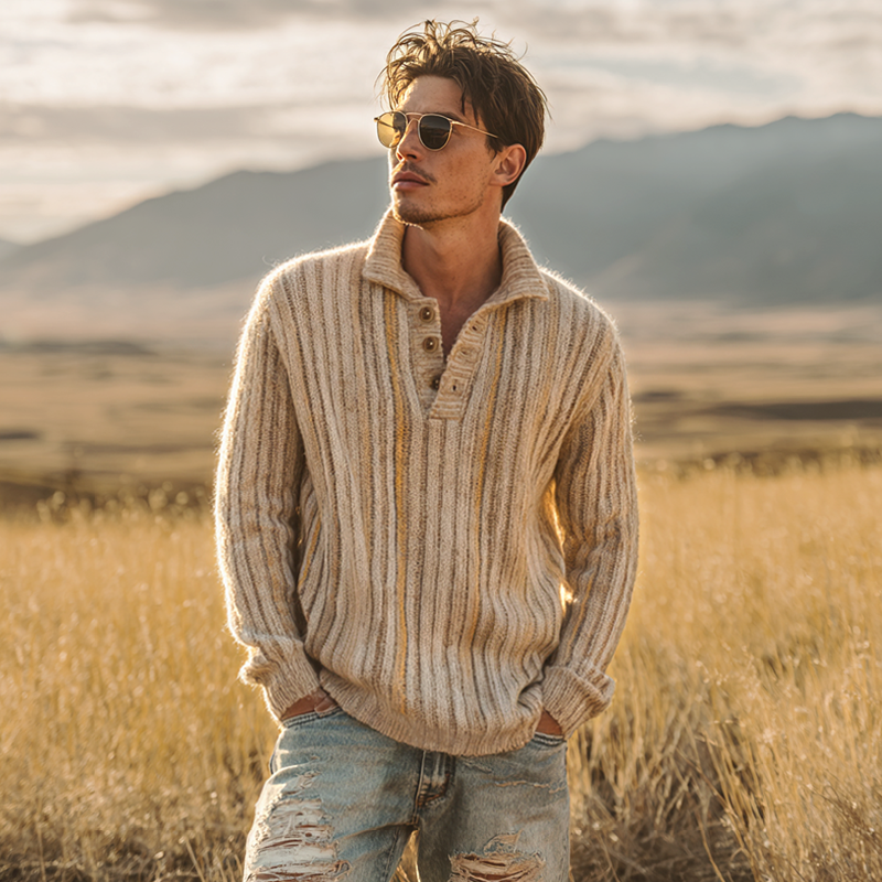 Men's Striped Knitted Lapel Long Sleeve Casual Sweater MTA0209I6Z
