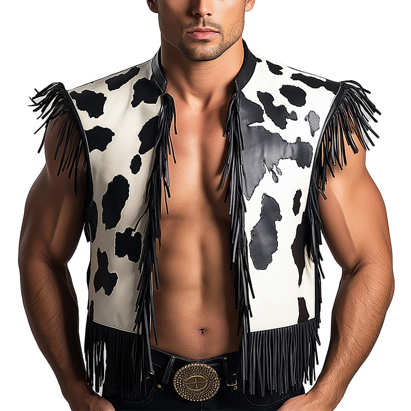 Men's Summer Western Cowboy Style Fringe Leather Vest MTA1466E6P