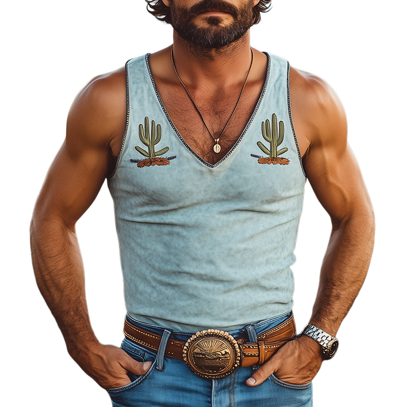 Men's Fashion Casual Western Tough Style Thin Suede Embroidery Slim Fit V-neck Tank Top MTA1100F8K