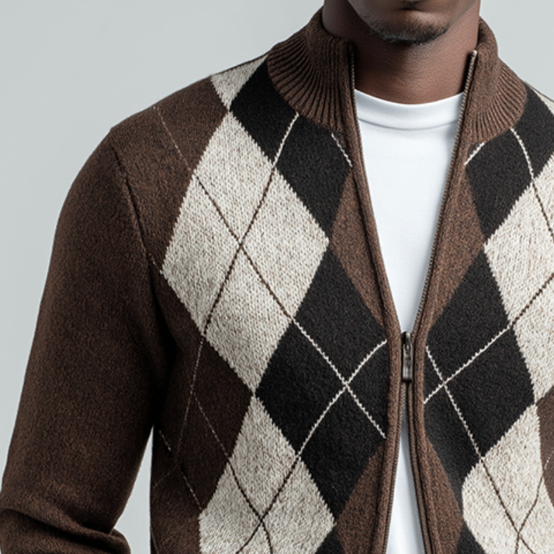 Men's Retro Casual Diamond Colorblock Double Zipper Stand Collar Sweater MTA1093J2TO