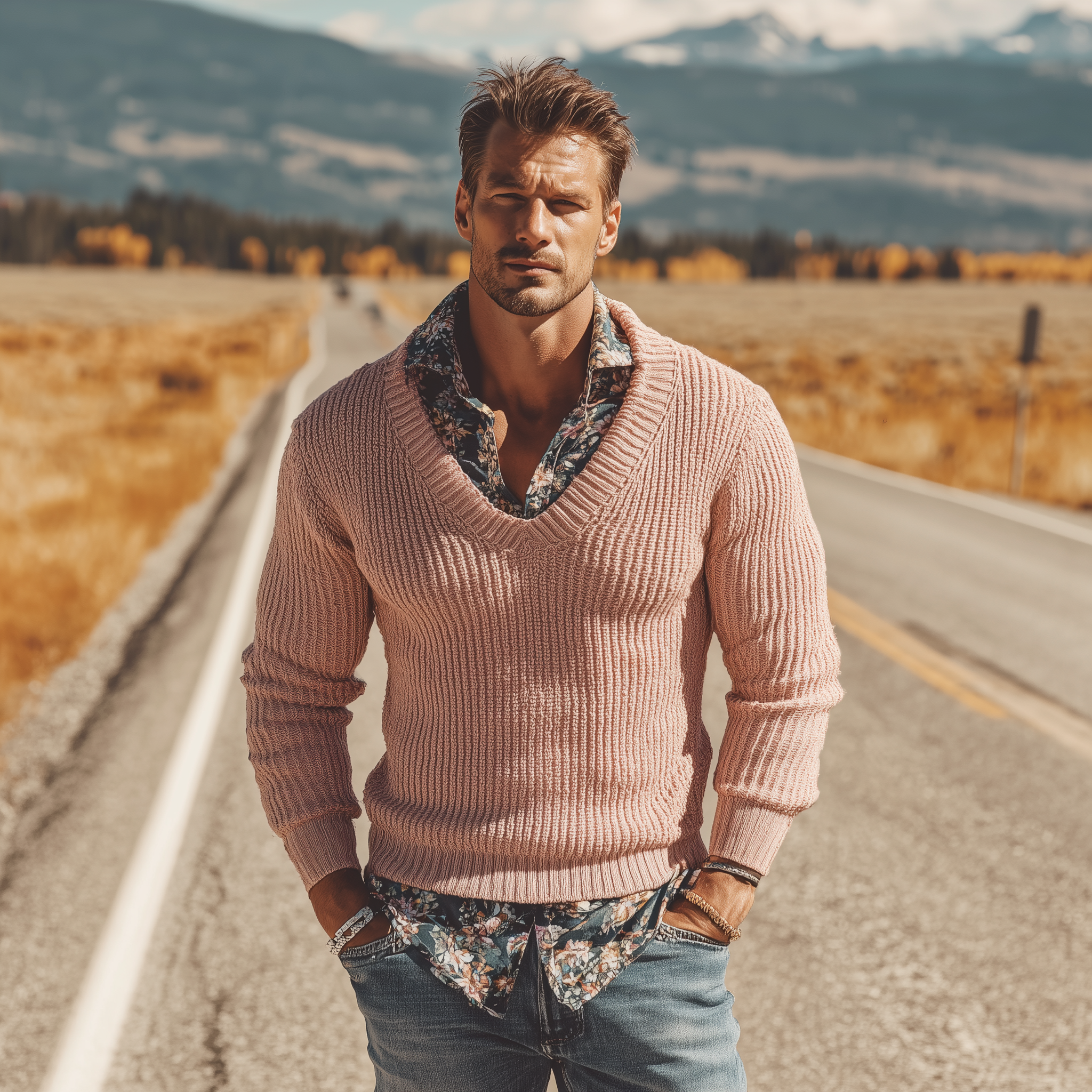 Men's Classic Casual V-neck Pink Slim-fit Sweater MTA0839I0K
